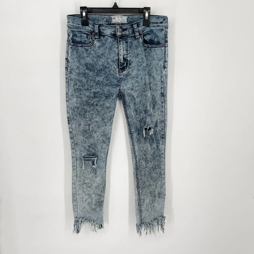 Free People Women's Acid Wash Distressed Frayed Jeans Ankle Hem Size 27 Blue